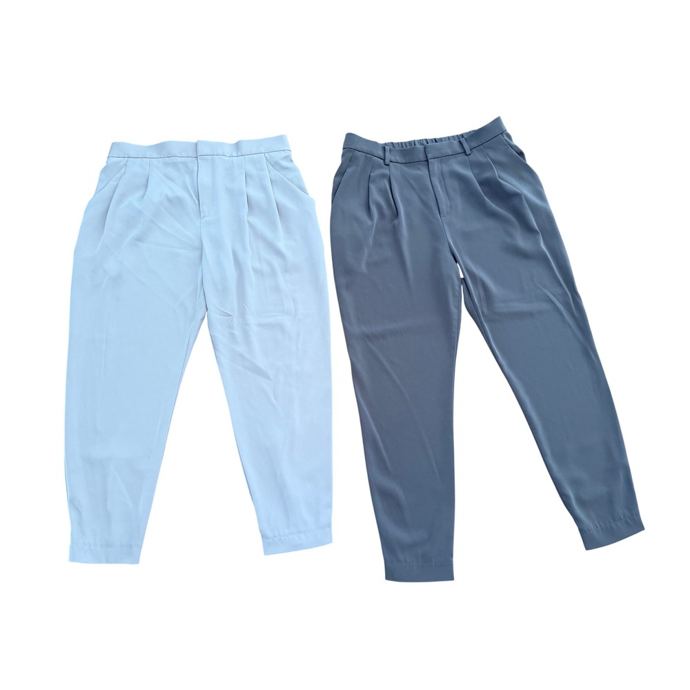 UNIQLO Tapered Ankle Pants Women L XL Gray Blue Lot 2 Excellent Pleated Stretch